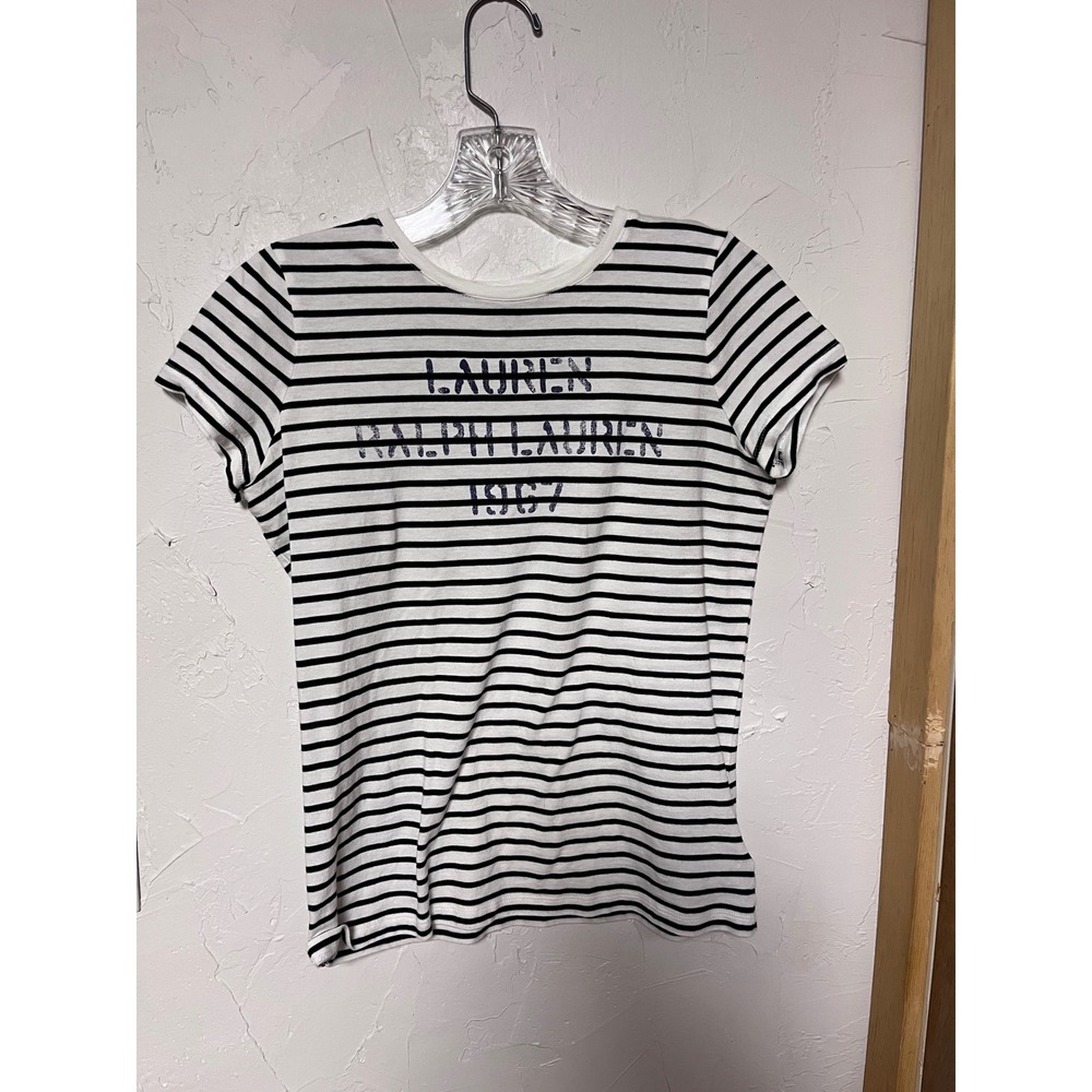 Lauren Ralph Lauren Striped Logo T Shirt Tee Womens XS Black White Cotton Modal‎